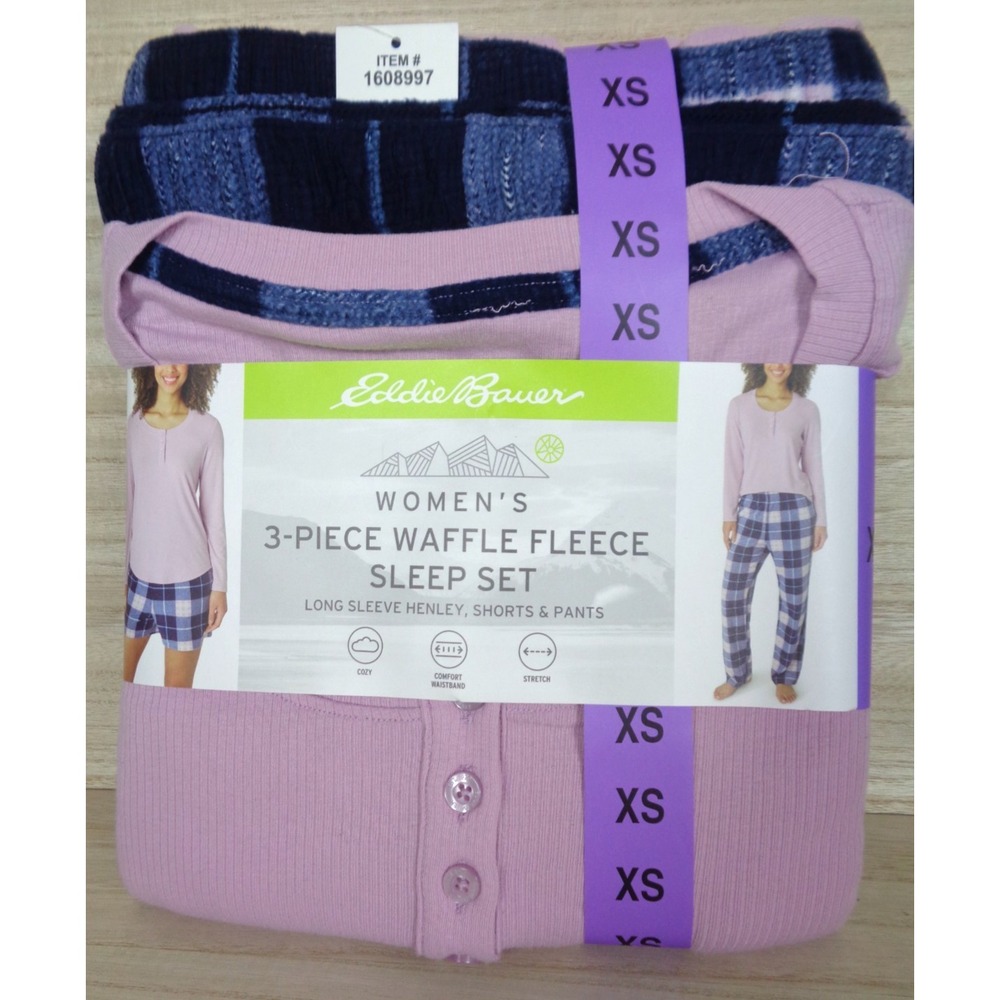 Eddie Bauer Women's 3-Piece Waffle Fleece Sleep Set Pajamas Size XS Purple